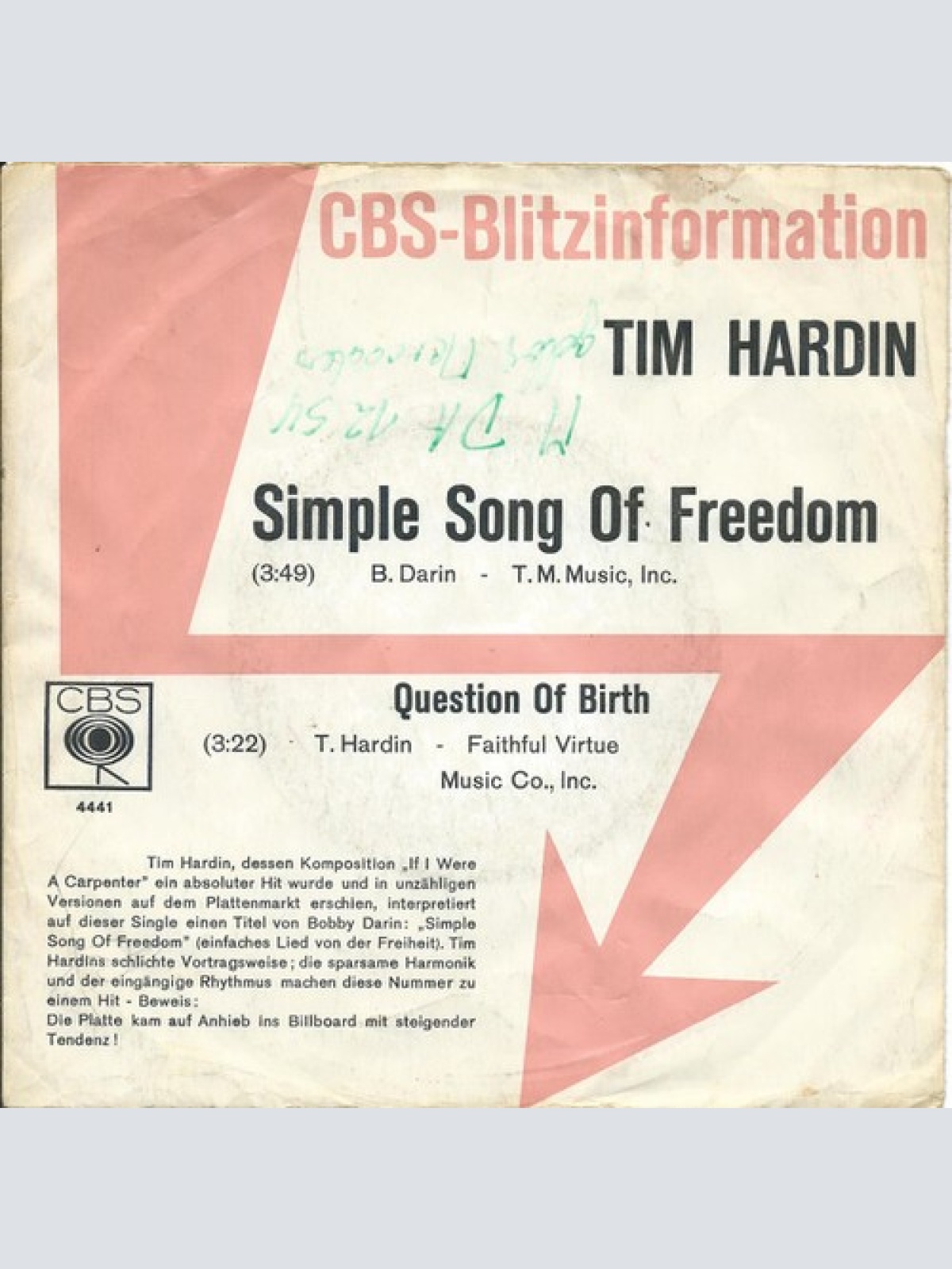 7", Promo Tim Hardin - Simple Song Of Freedom