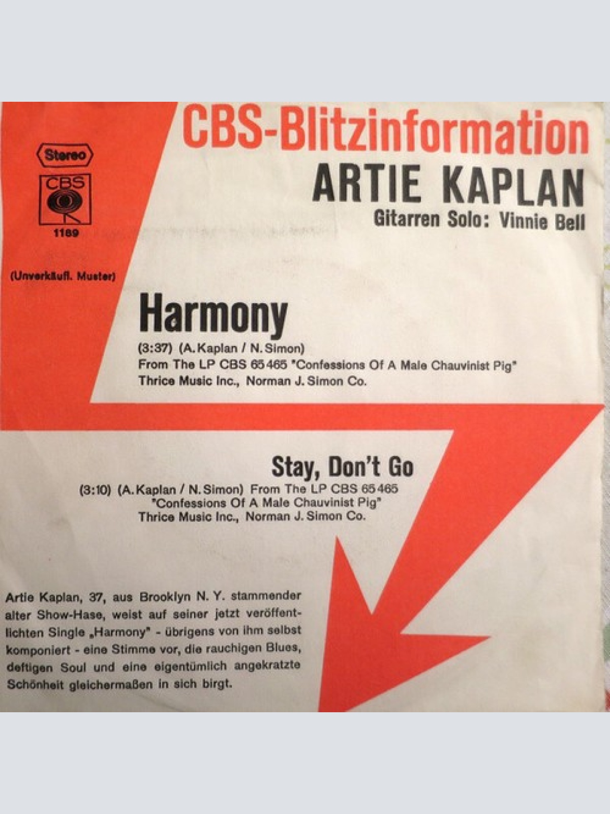 7", Single, Promo Artie Kaplan - Harmony