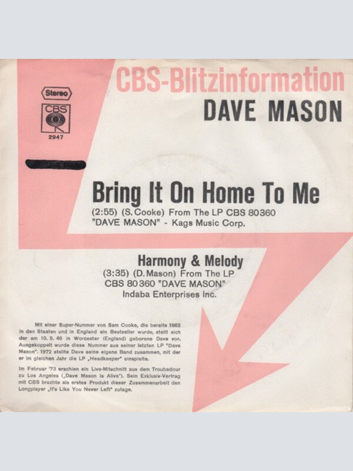 7", Single, Promo Dave Mason - Bring It On Home To Me