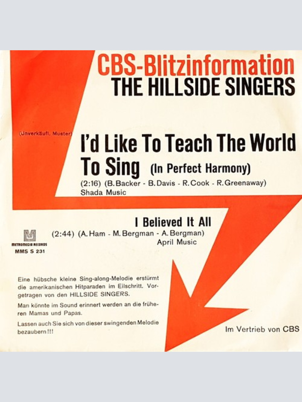 7", Single, Promo The Hillside Singers - I'd Like To Teach The World To Sing ...