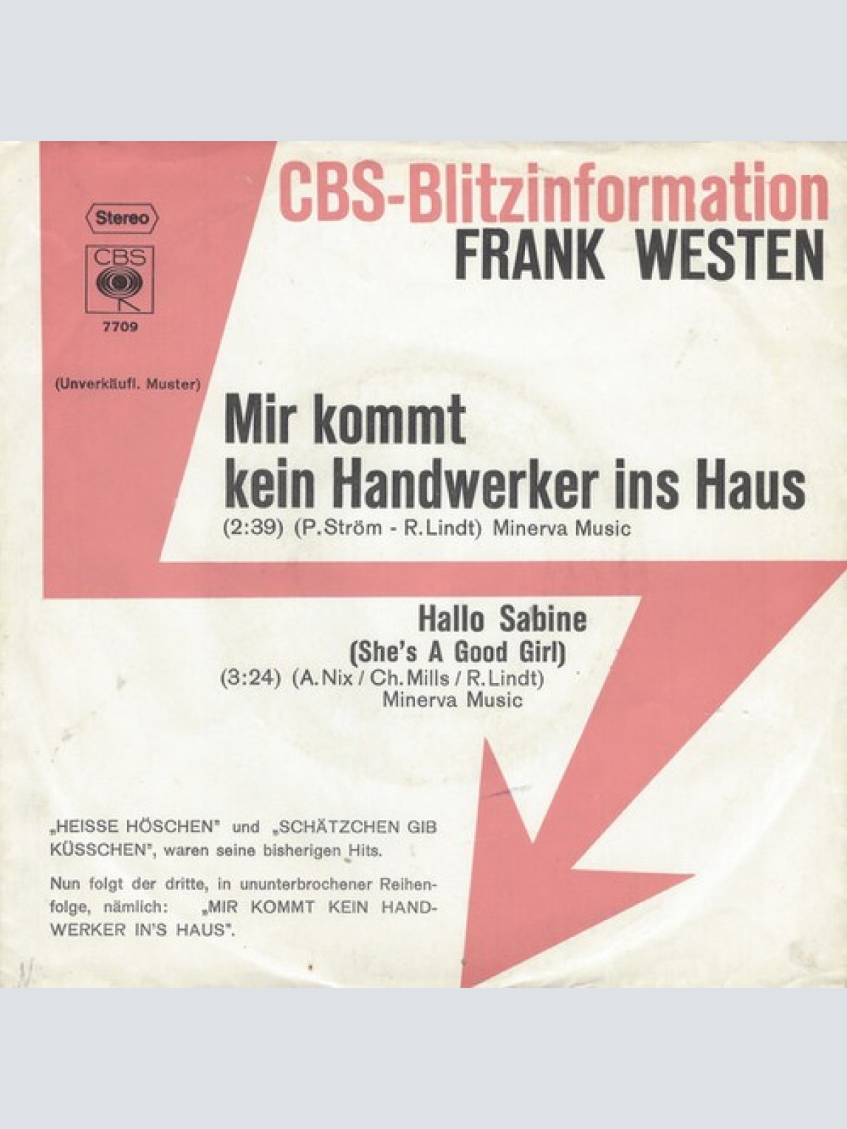 7", Single, Promo Frank Westen - Mir Kommt Kein Handwerker Ins Haus
