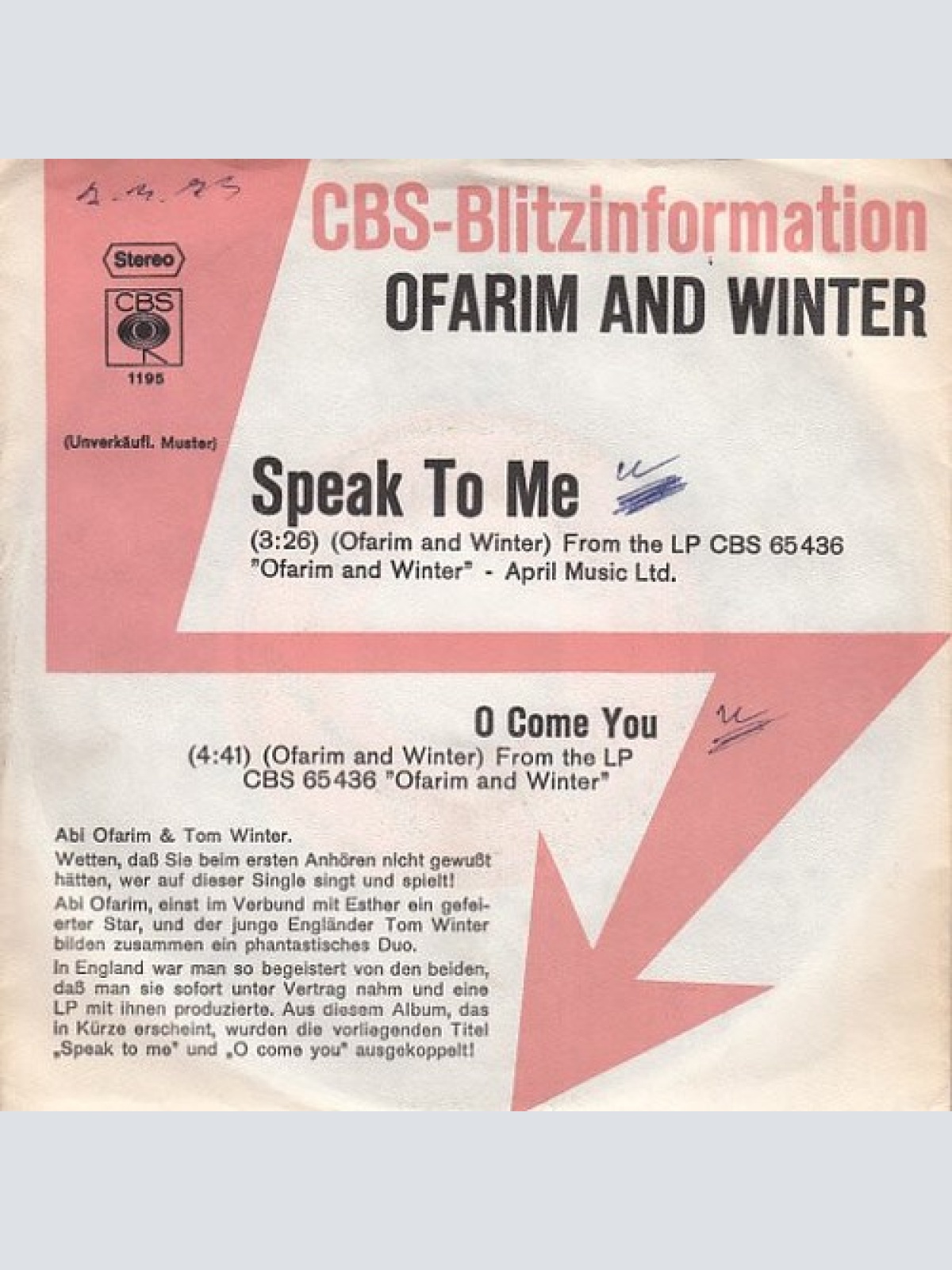 7", Single, Promo Ofarim And Winter* - Speak To Me