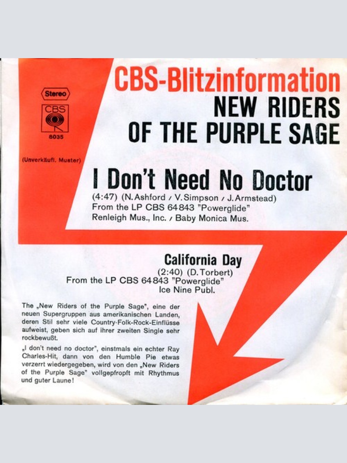 7", Single, Promo New Riders Of The Purple Sage - I Don't Need No Doctor