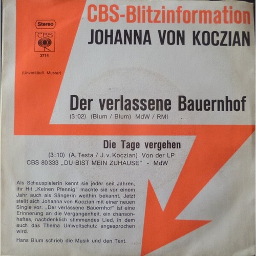 7", Single, Promo Johanna Von Koczian - Der Verlassene Bauernhof