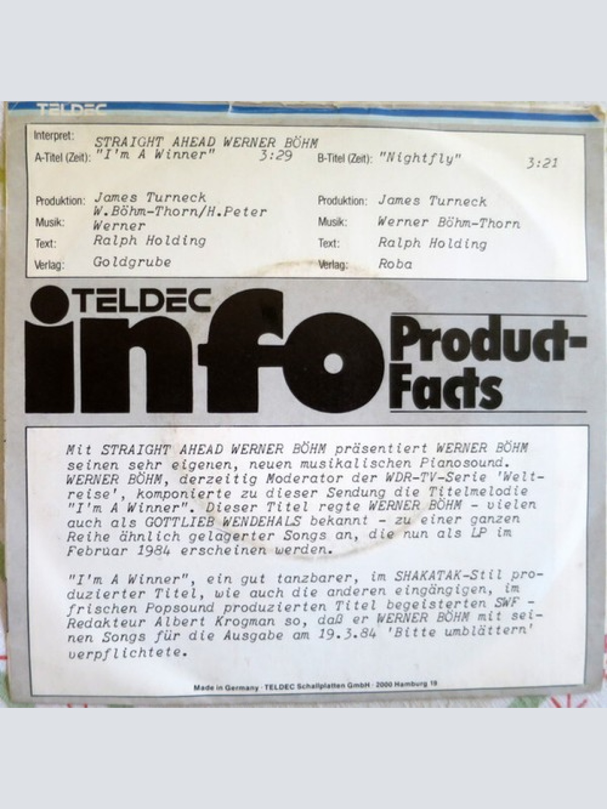 7", Single, Promo Straight Ahead Werner Böhm* - I'm A Winner