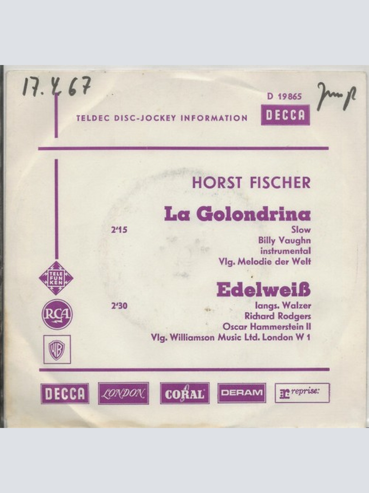 7", Promo Horst Fischer - La Golondria / Edelweiß