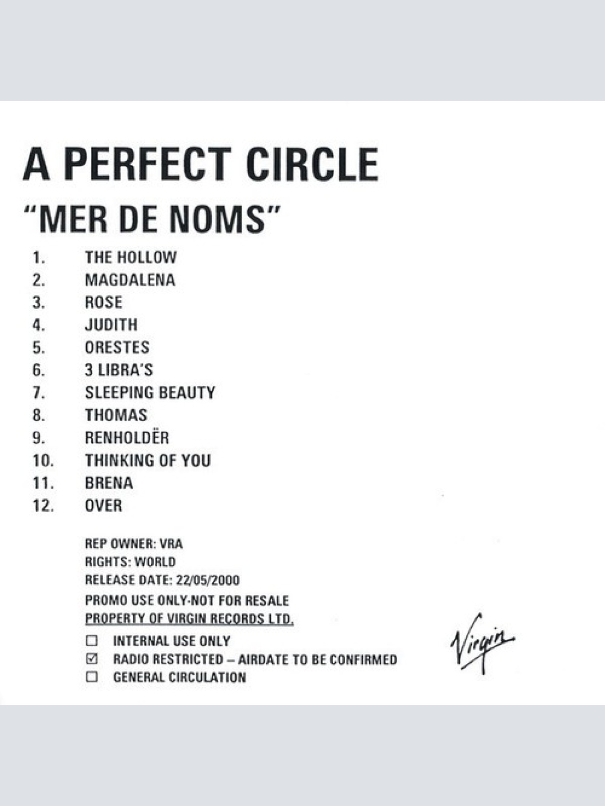 CDr, Album, Promo A Perfect Circle - Mer De Noms