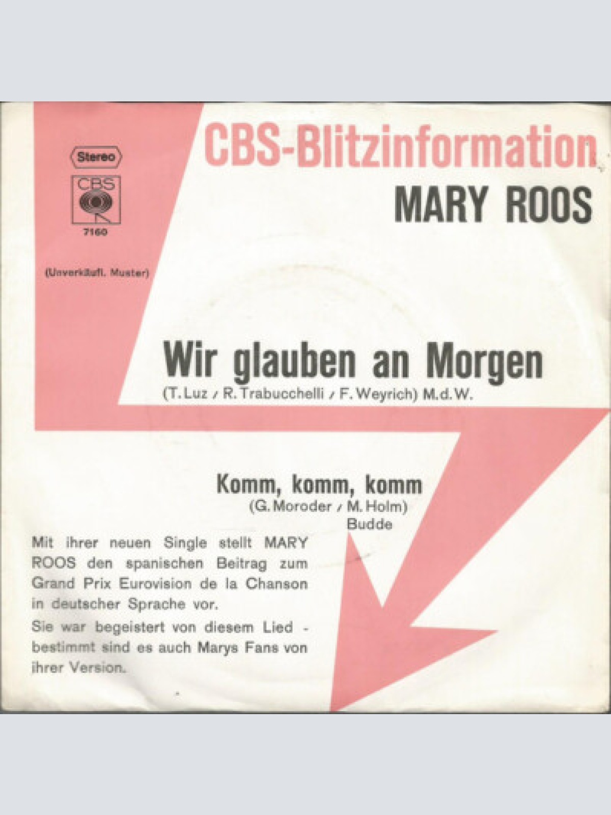 7", Single, Promo Mary Roos - Wir Glauben An Morgen
