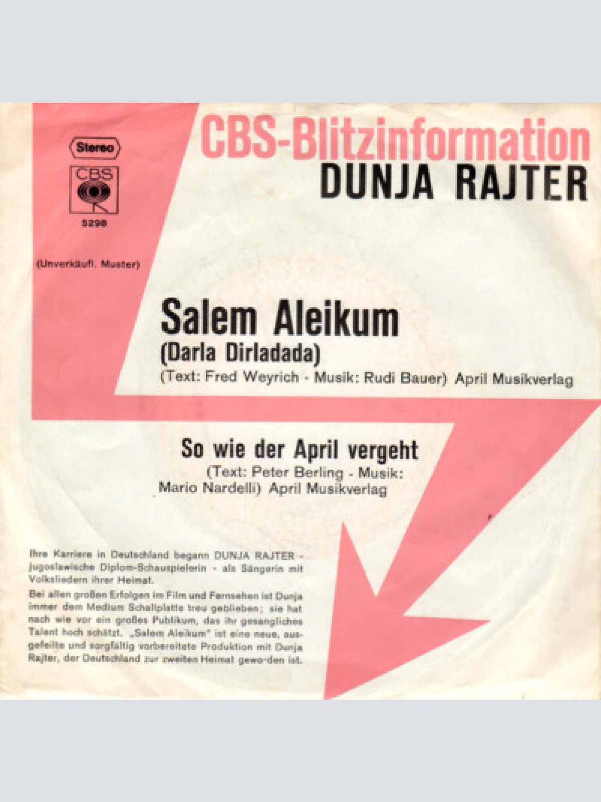 7", Single, Promo Dunja Rajter - Salem Aleikum (Darla Dirladada)