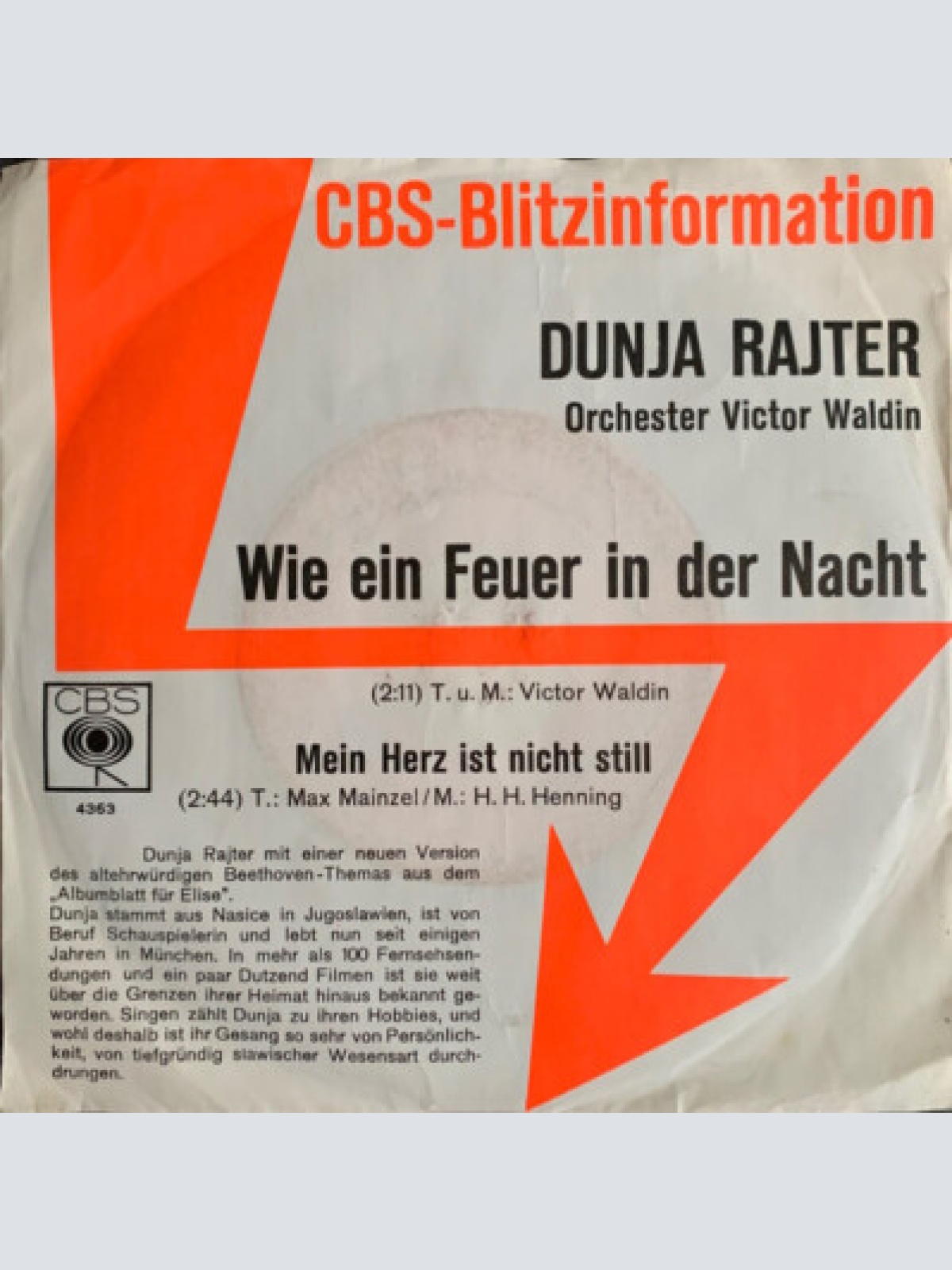 7", Single, Promo Dunja Rajter - Wie Ein Feuer In Der Nacht