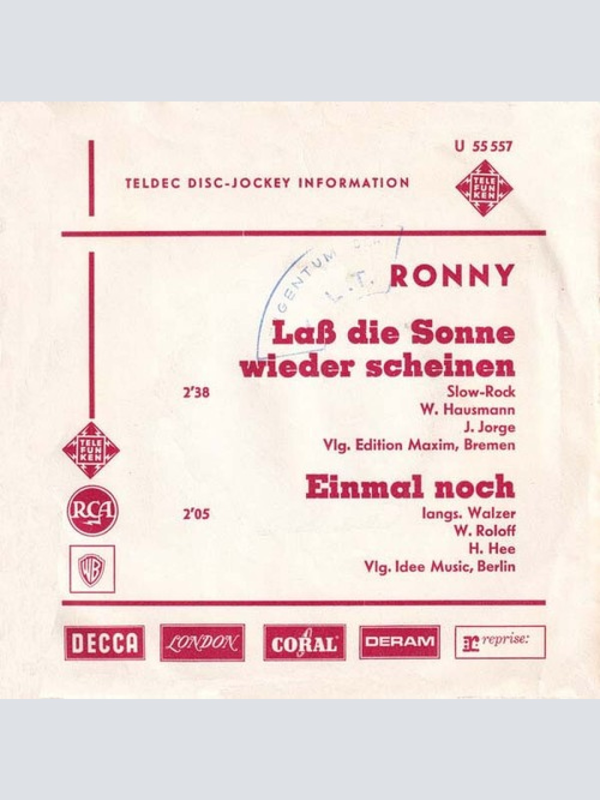 7", Single, Promo Ronny (4) - Laß Die Sonne Wieder Scheinen / Einmal Noch
