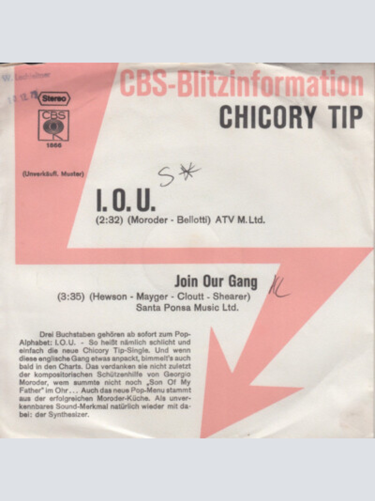 7", Single, Promo Chicory Tip - I.O.U.