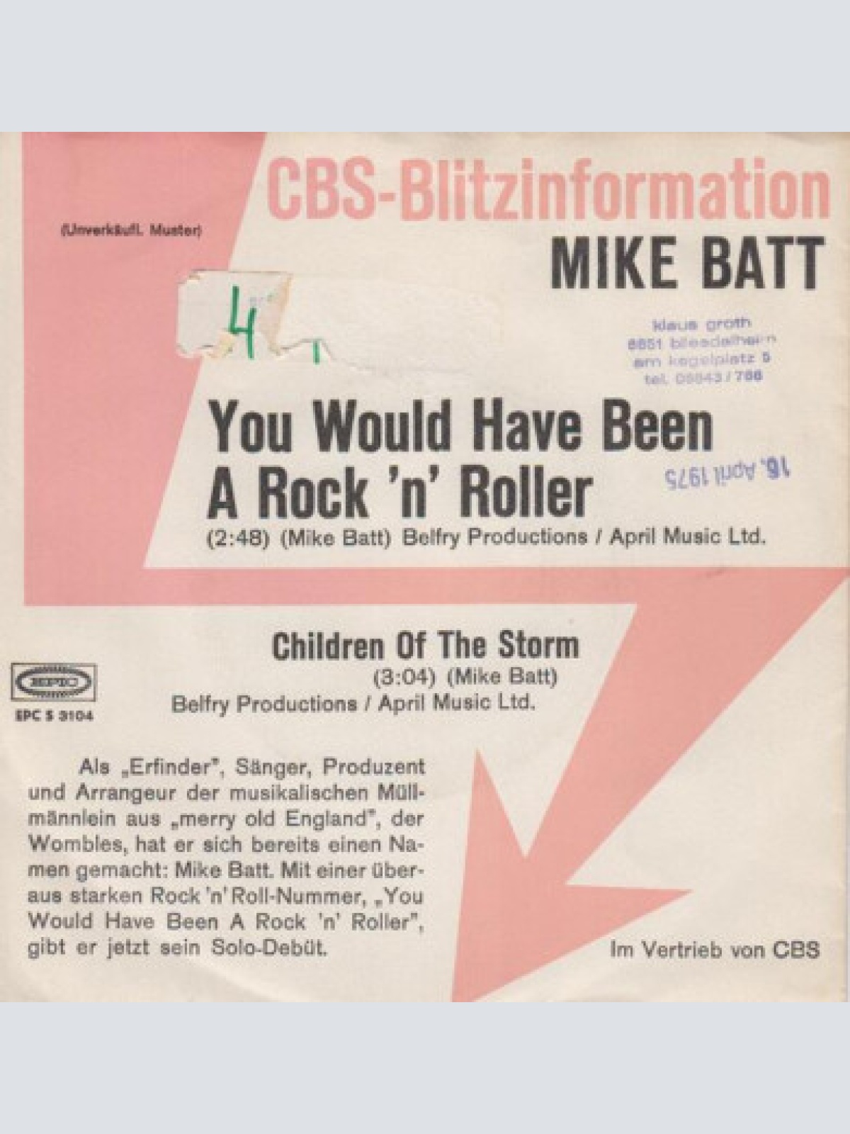 7", Promo Mike Batt - You Would Have Been A Rock 'N' Roller