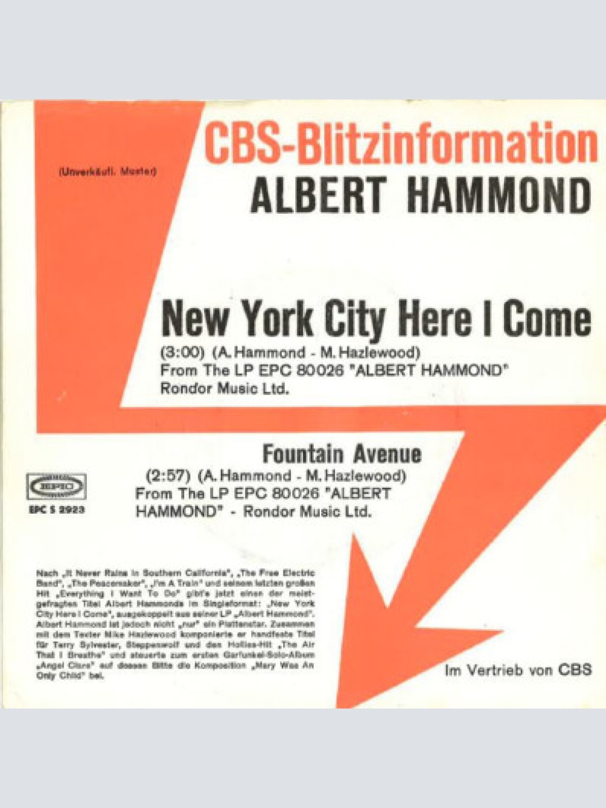 7", Single, Promo Albert Hammond - New York City Here I Come