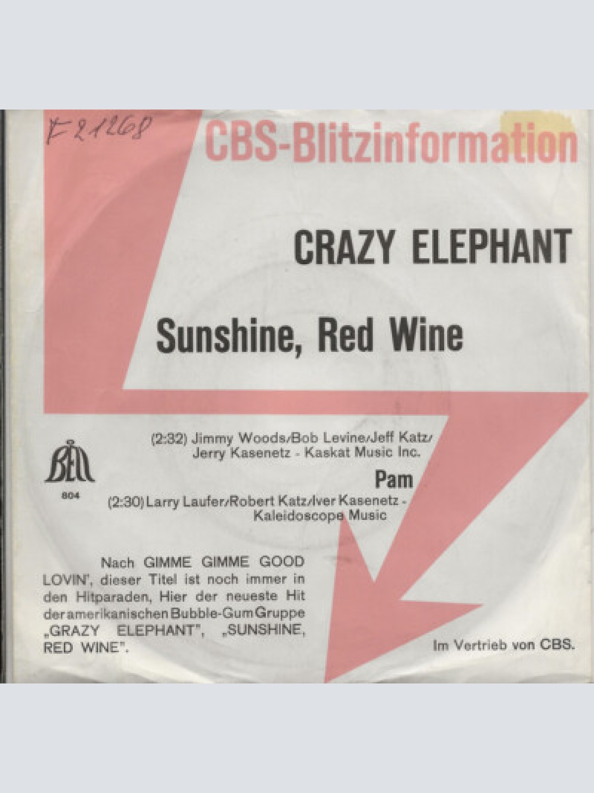7", Single, Promo Crazy Elephant -  Sunshine, Red Wine