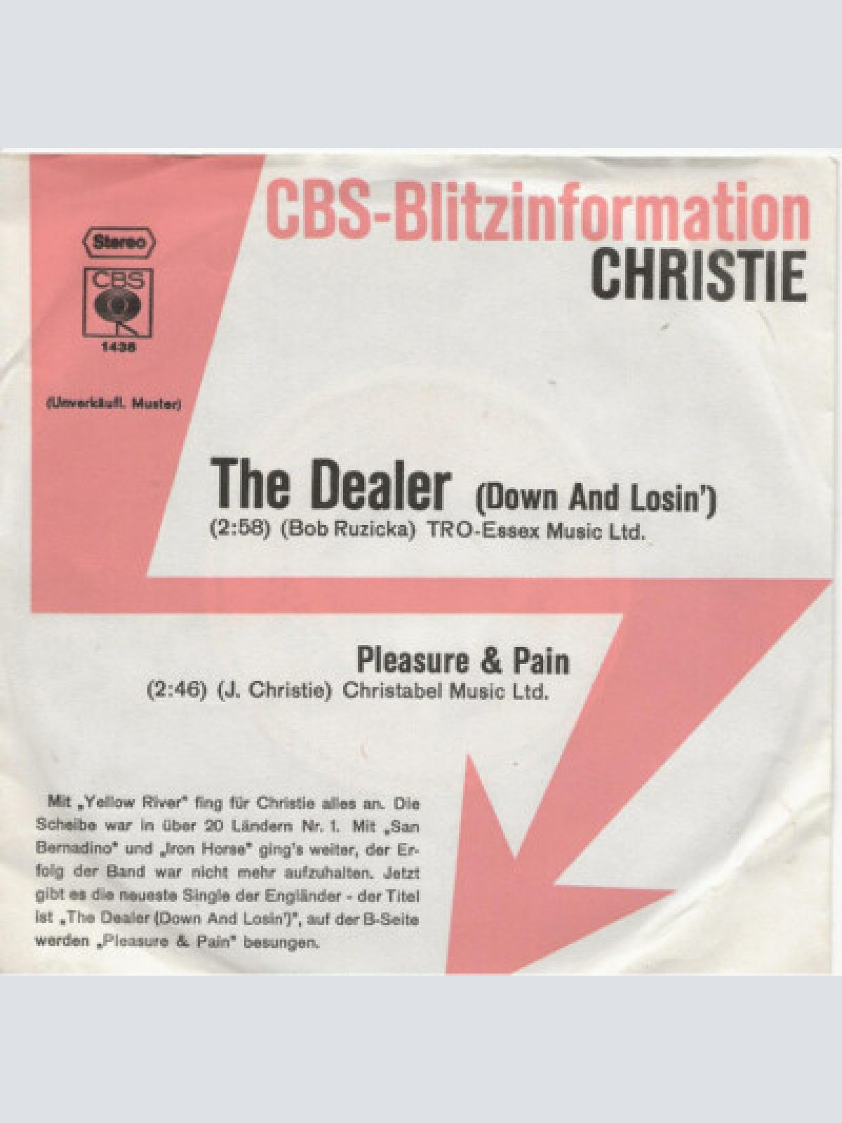 7", Promo Christie - The Dealer (Down And Losin')