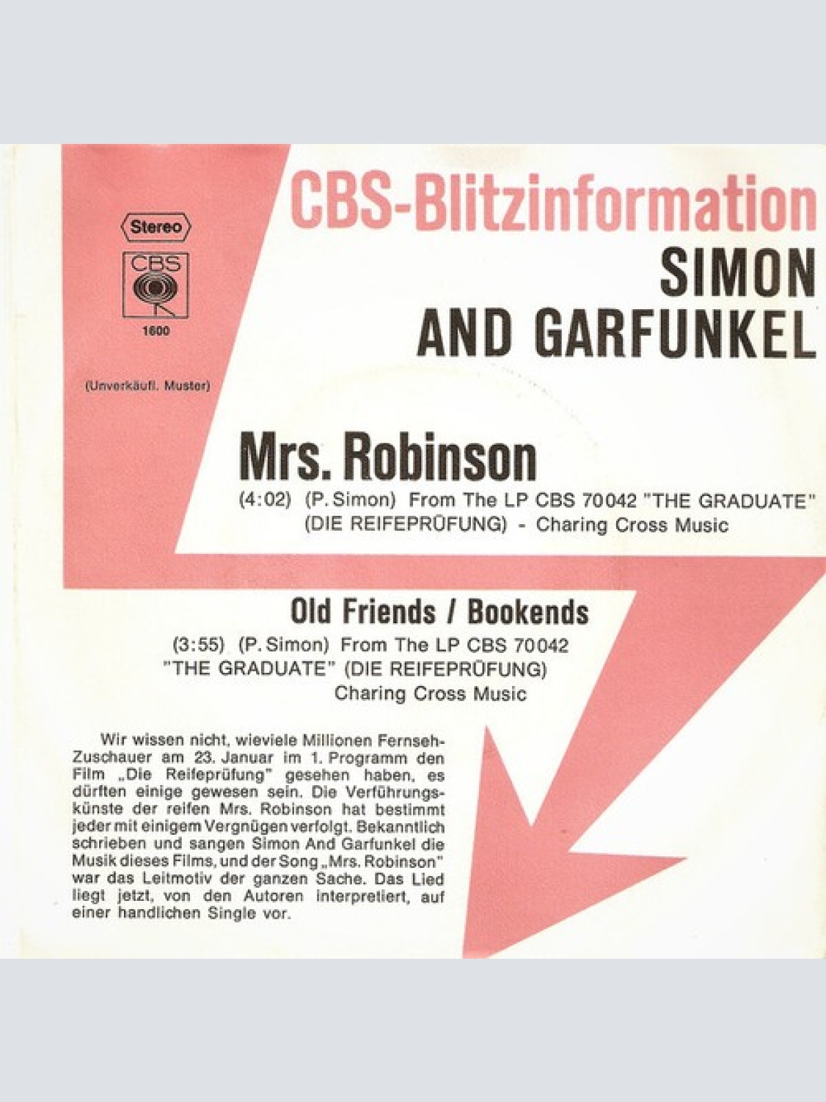 7", Single, Promo Simon And Garfunkel* - Mrs. Robinson