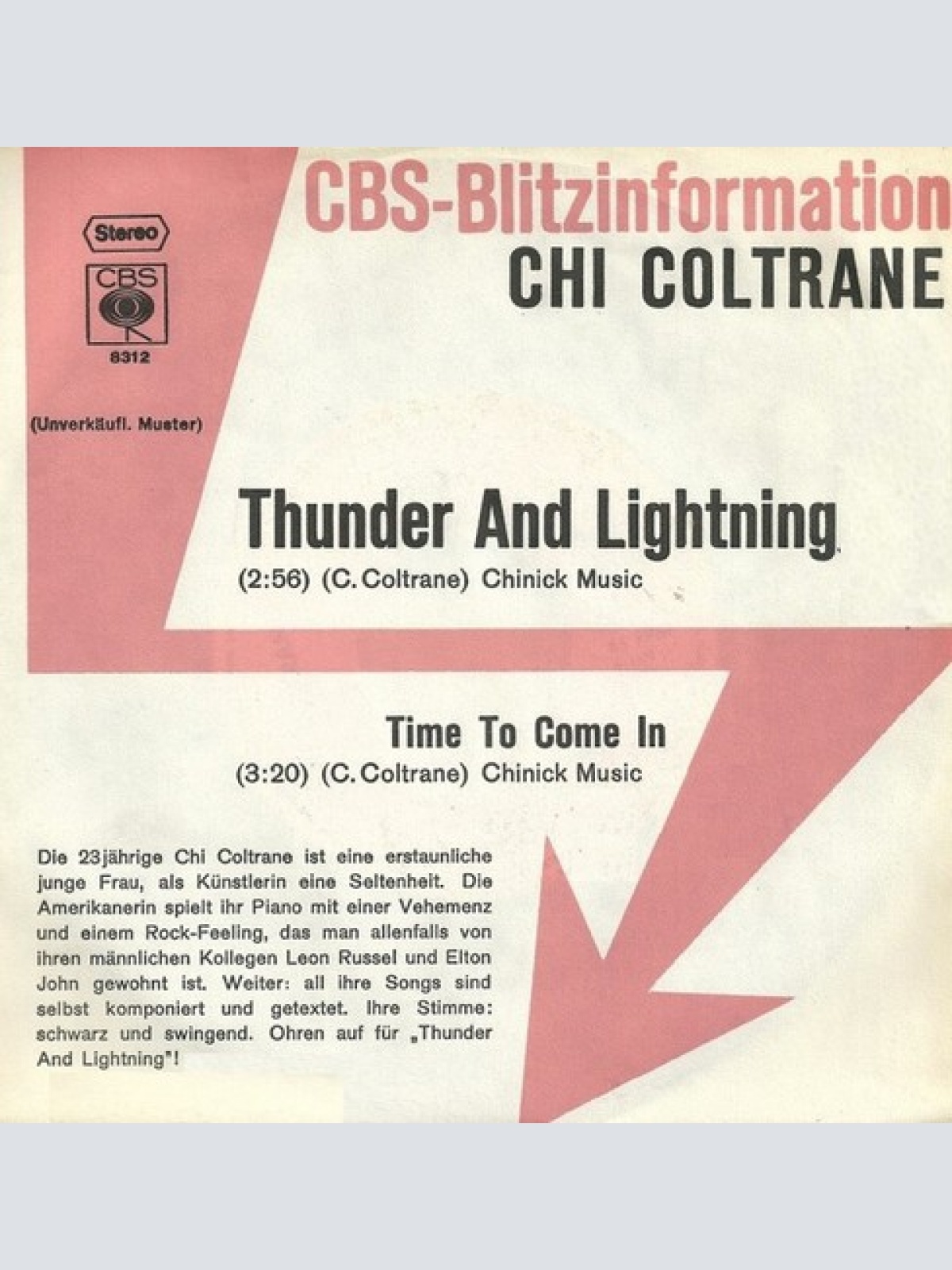 7", Single, Promo Chi Coltrane - Thunder And Lightning