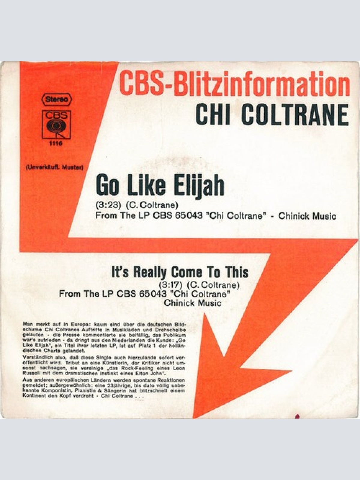7", Single, Promo Chi Coltrane - Go Like Elijah