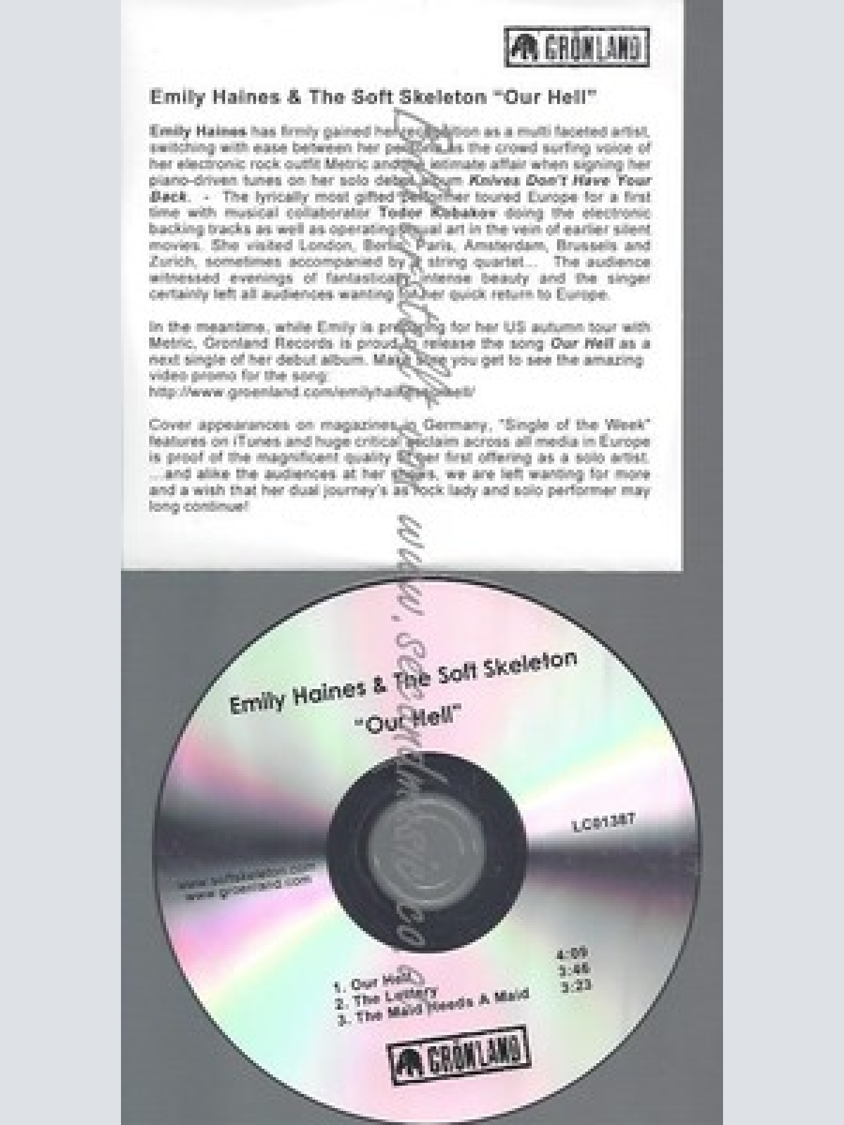 PROMO CD--EMILY HAINES & THE SOFT SKELETON --OUR HELL--3TR