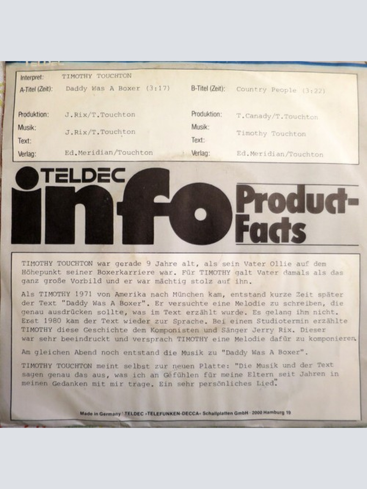 7", Single, Promo Timothy Touchton - Daddy Was A Boxer / Country People