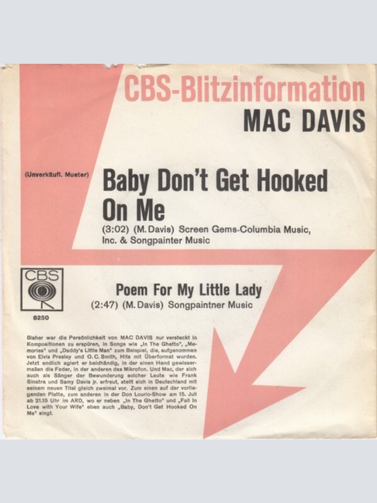 7", Single, Promo Mac Davis - Baby Don't Get Hooked On Me