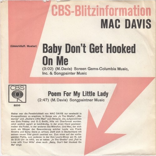 7", Single, Promo Mac Davis - Baby Don't Get Hooked On Me
