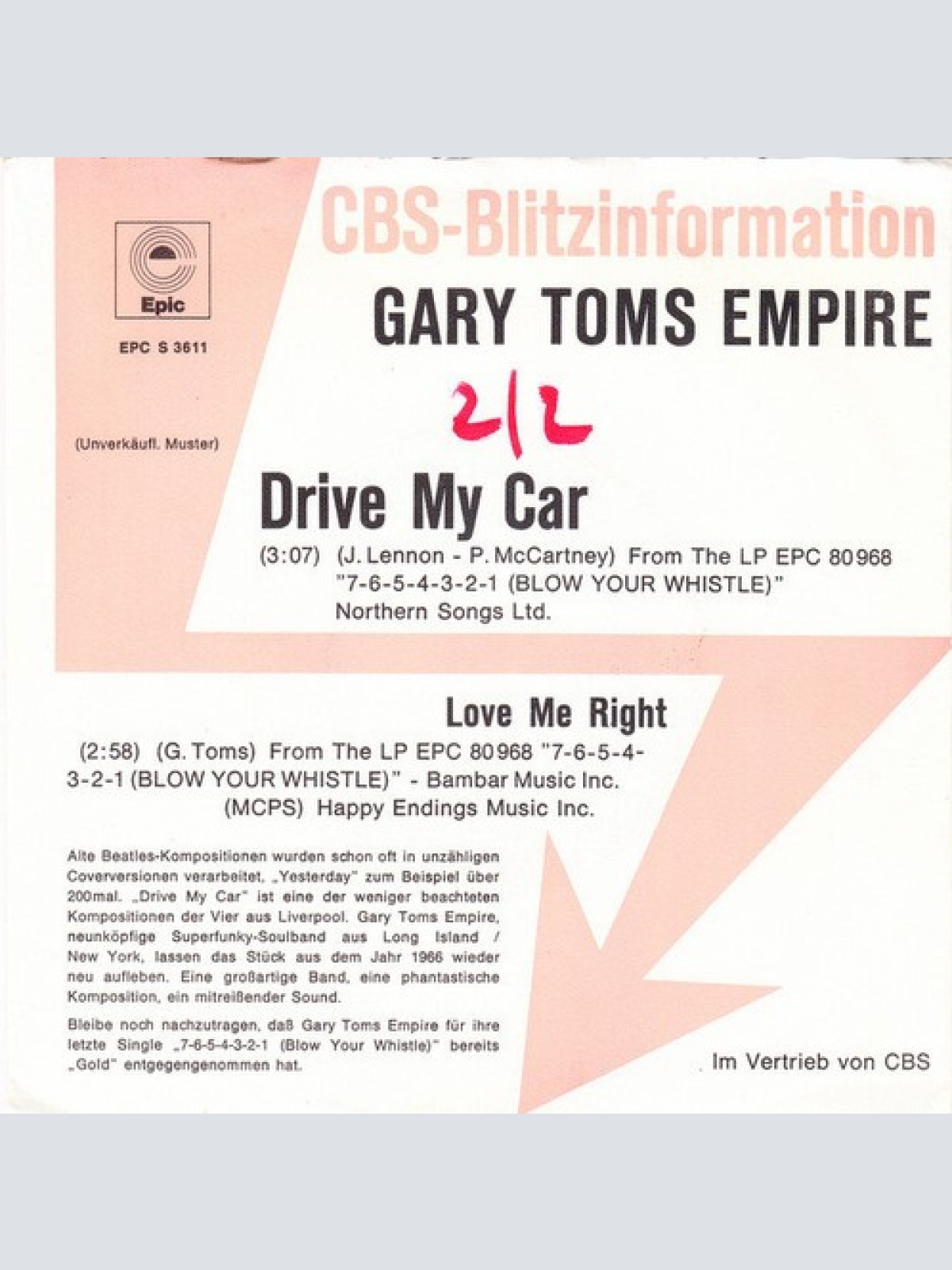 7", Single, Promo Gary Toms Empire - Drive My Car / Love Me Right
