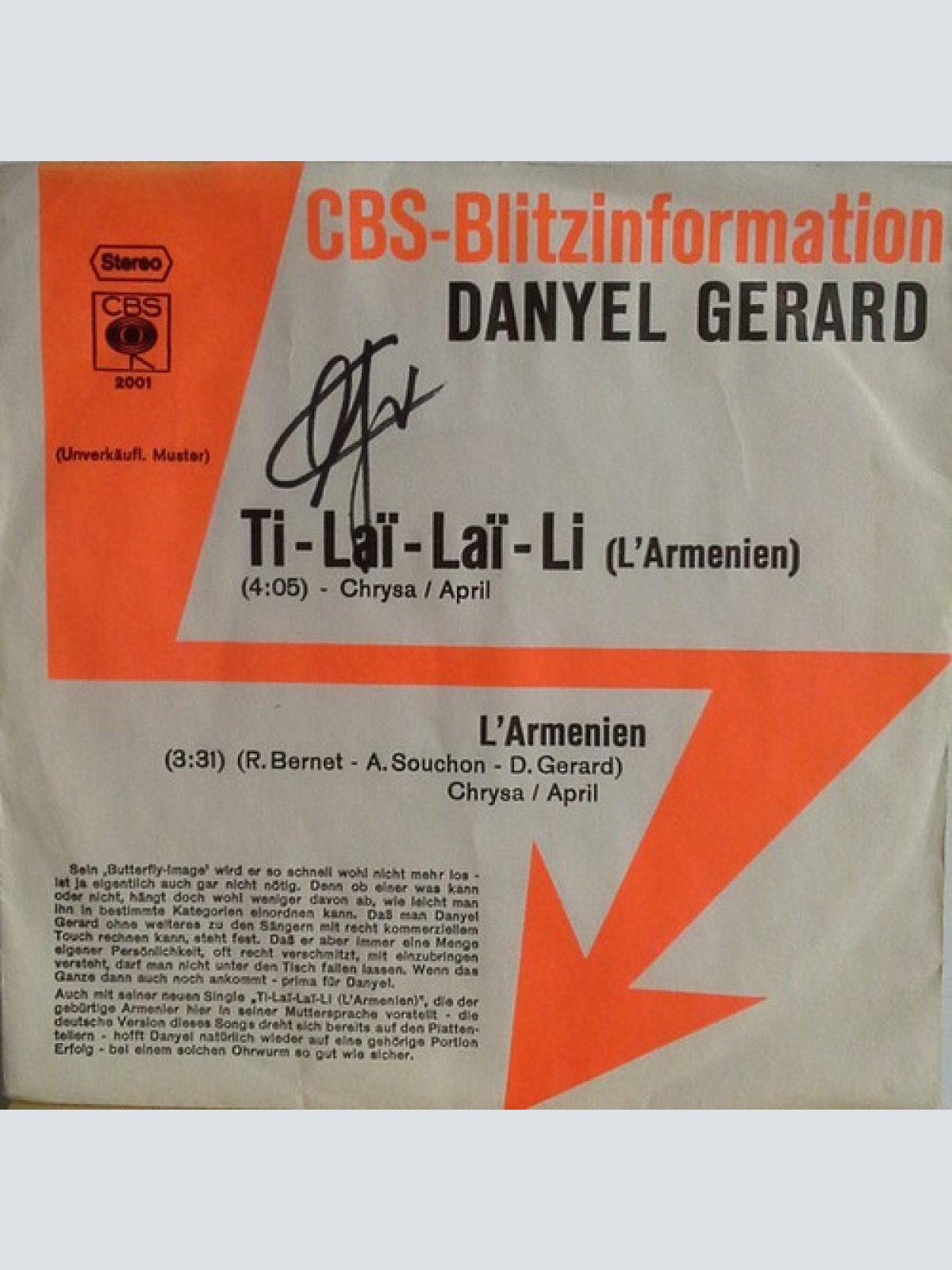 7", Single, Promo Danyel Gerard* - Ti-Laï-Laï-Li (L'arménien)