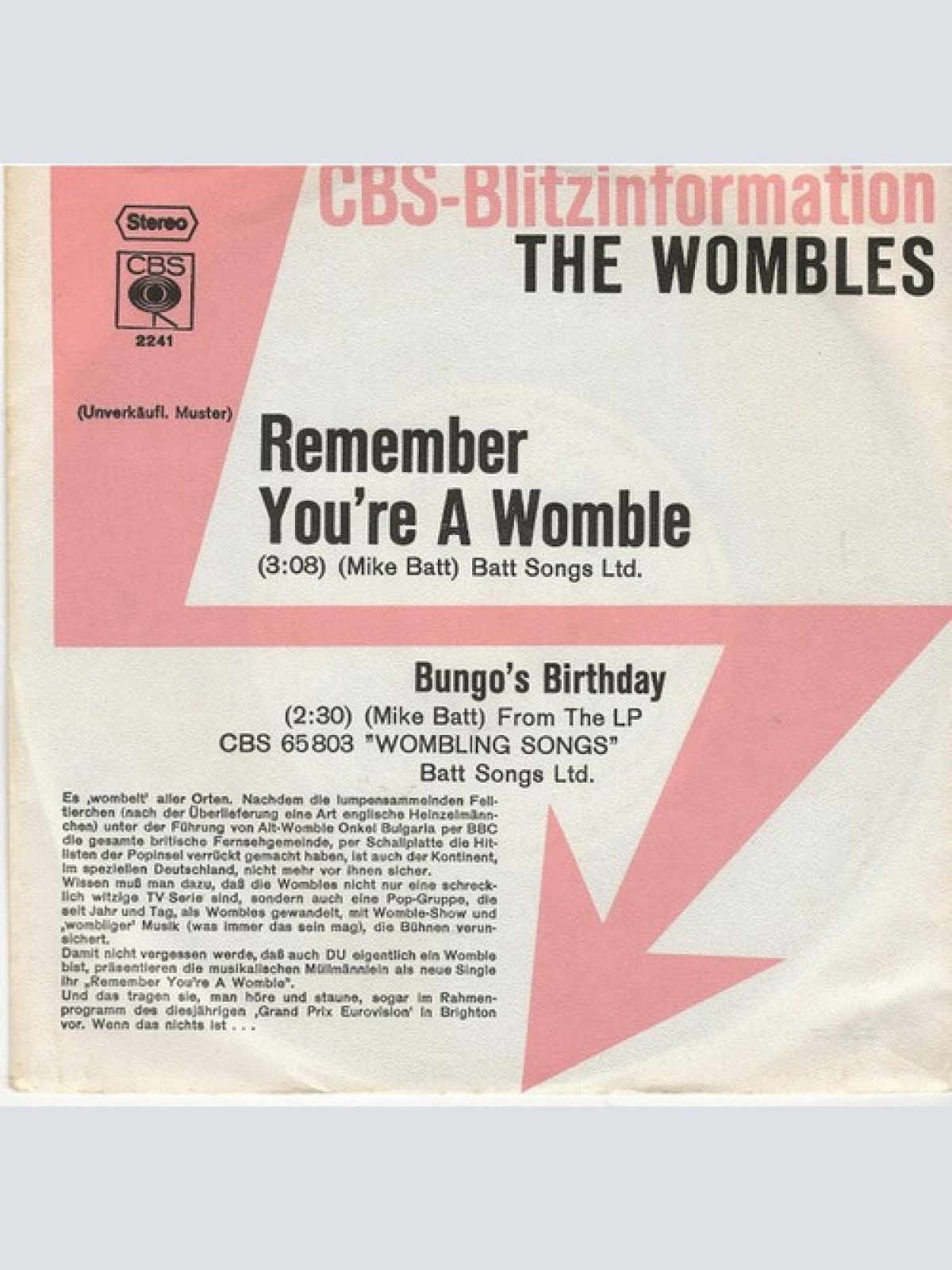 7", Single, Promo The Wombles -  Remember You're A Womble
