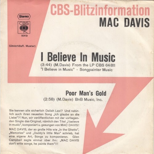 7", Single, Promo Mac Davis - I Believe In Music