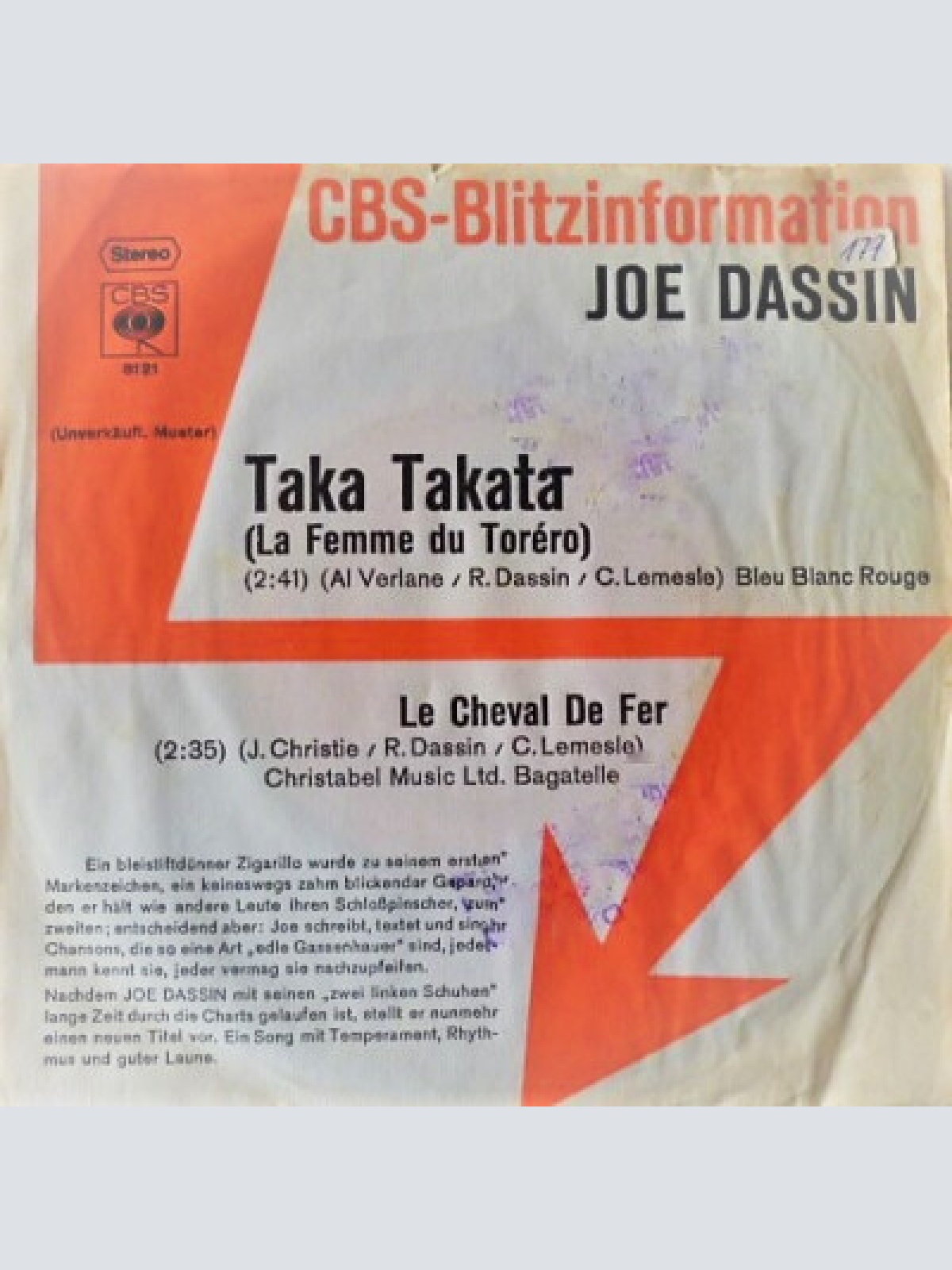 7", Single, Promo Joe Dassin - Taka Takata (La Femme Du Toréro) / Le Cheval D...