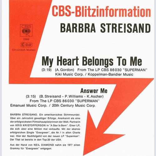 7", Single, Promo Barbra Streisand - My Heart Belongs To Me