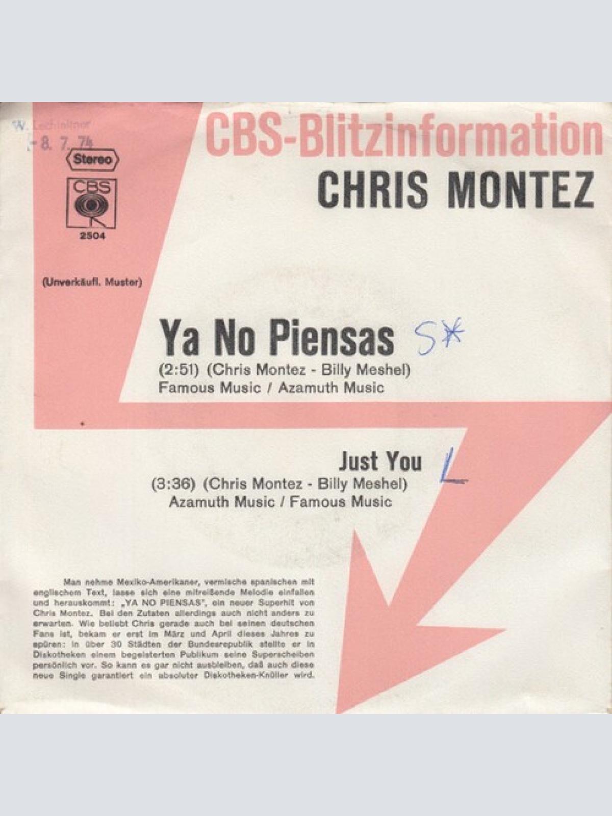 7", Single, Promo Chris Montez - Ya No Piensas