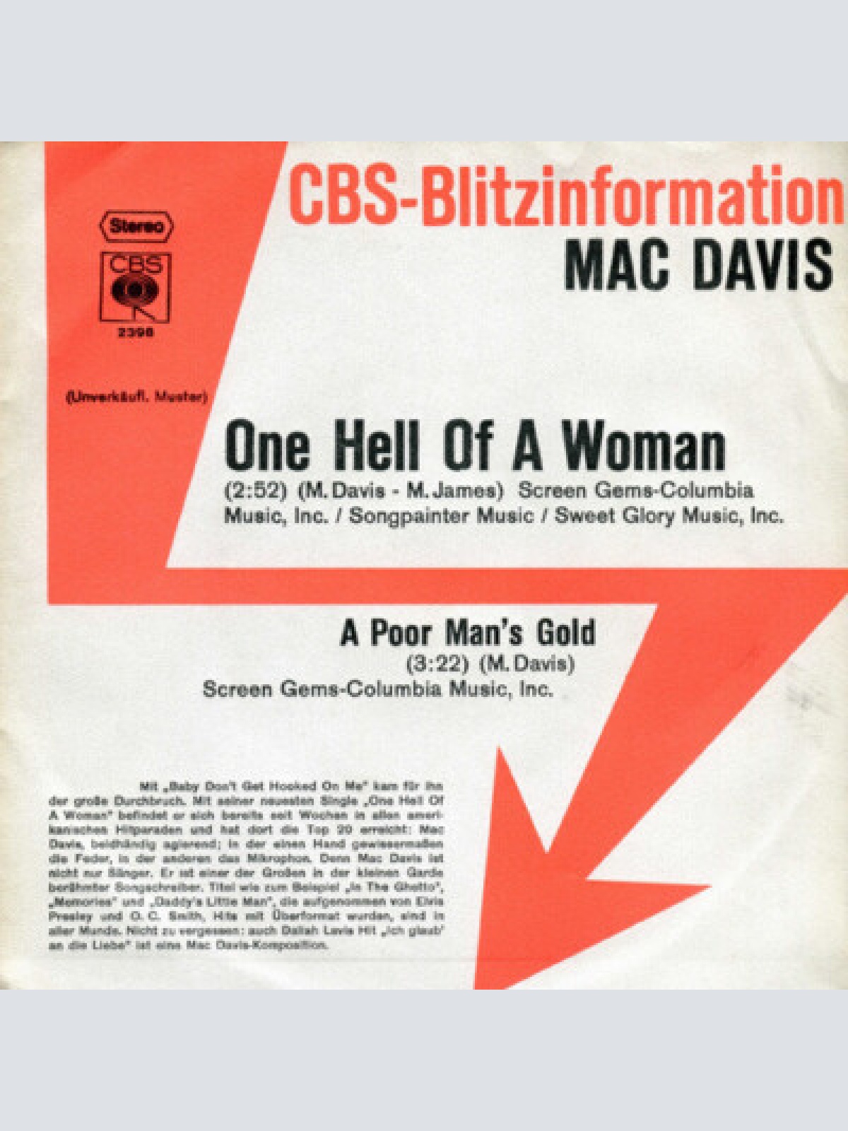 7", Single, Promo Mac Davis - One Hell Of A Woman / A Poor Man's Gold