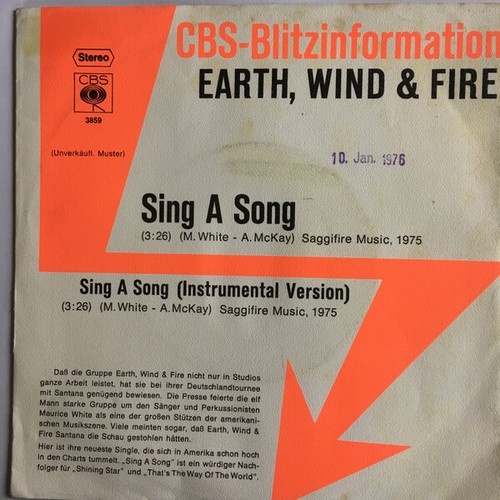 7", Single, Promo Earth, Wind & Fire - Sing A Song