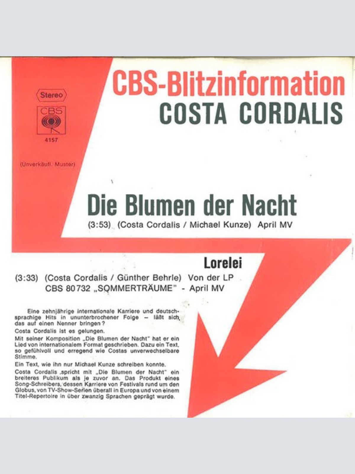 7", Single, Promo Costa Cordalis - Blumen Der Nacht