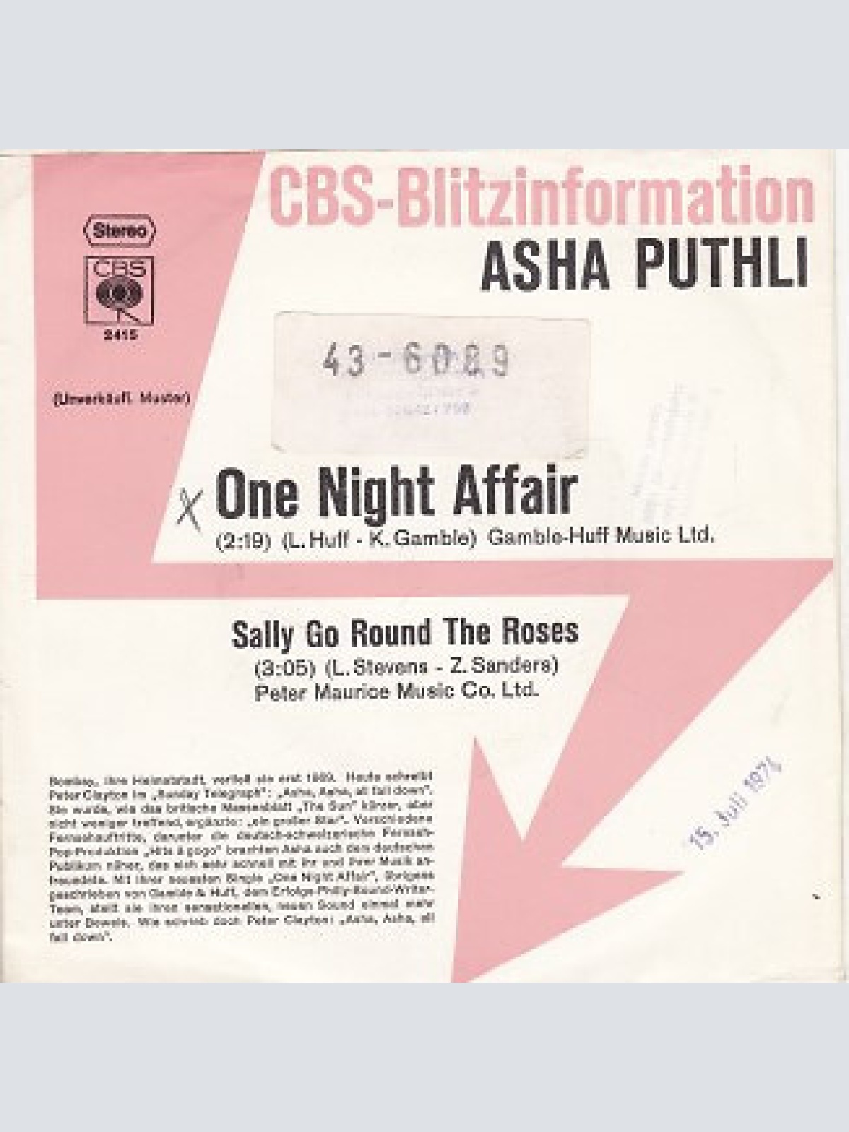 7", Single, Promo Asha Puthli - One Night Affair