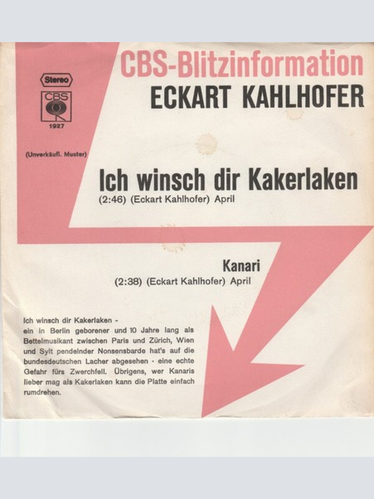 7", Single, Promo Eckart Kahlhofer - Ich Wünsch Dir Kakerlaken