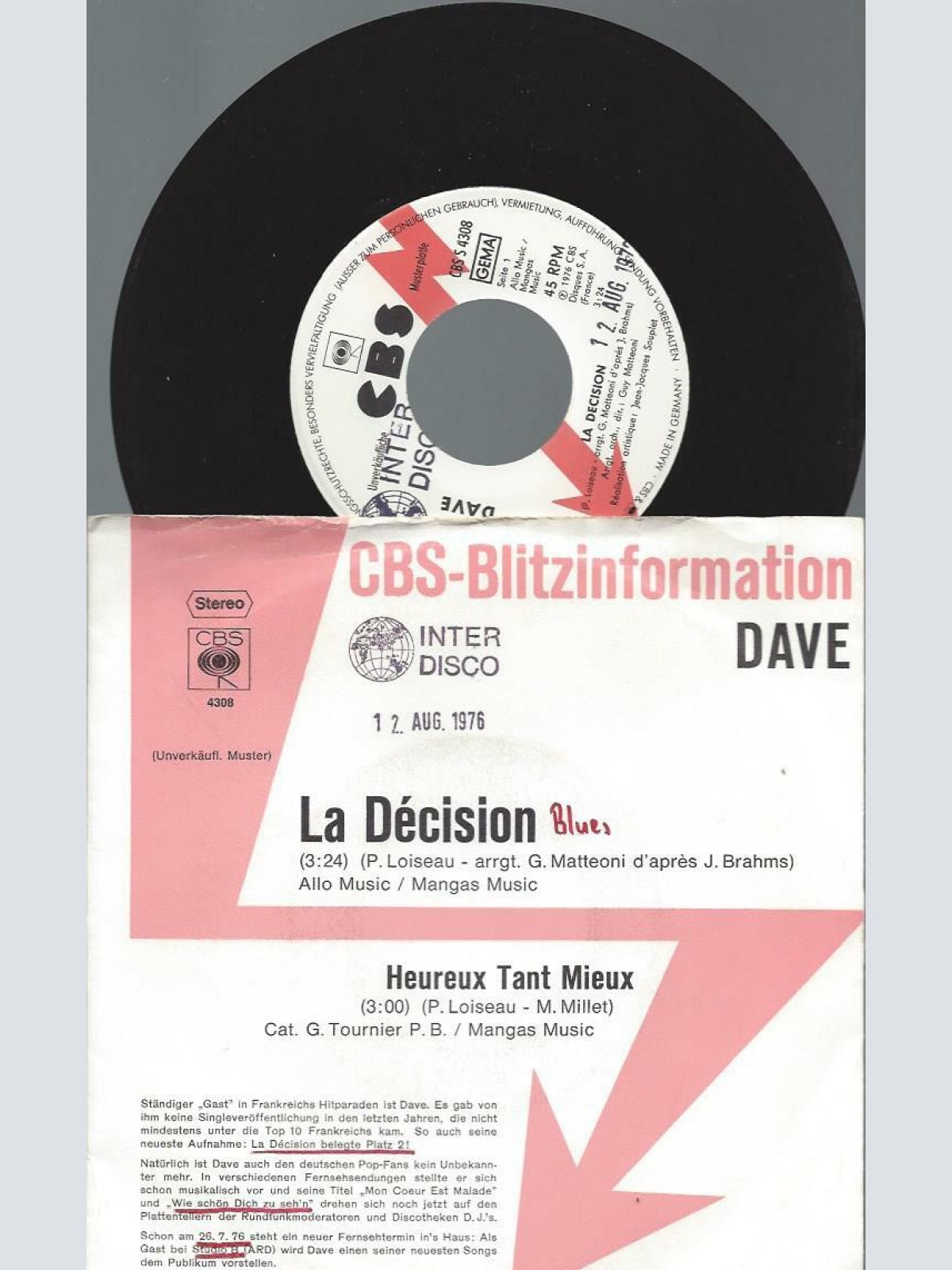 7" Dave  – La Décision // Promo