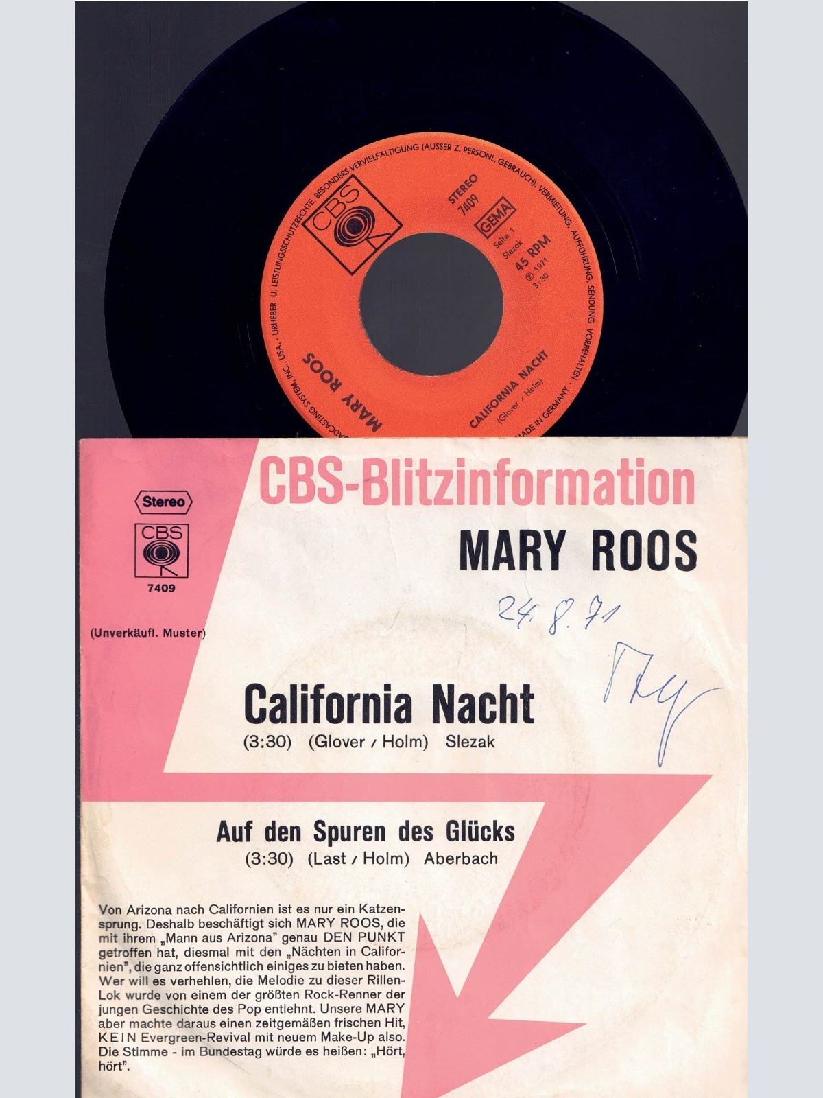 7", Mary Roos   California Nacht  / Promo