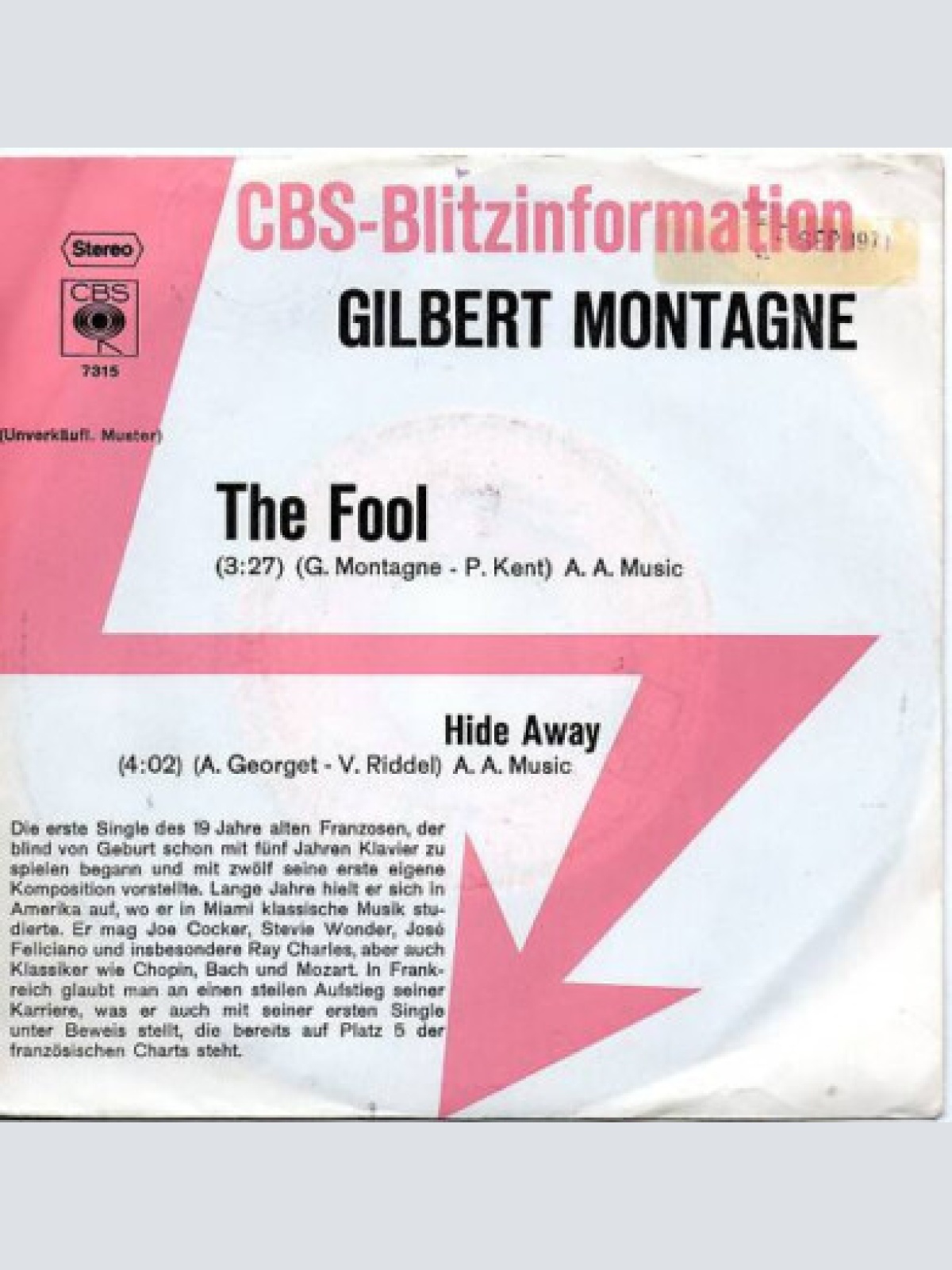 7", Promo Gilbert Montagne* - The Fool / Hide Away