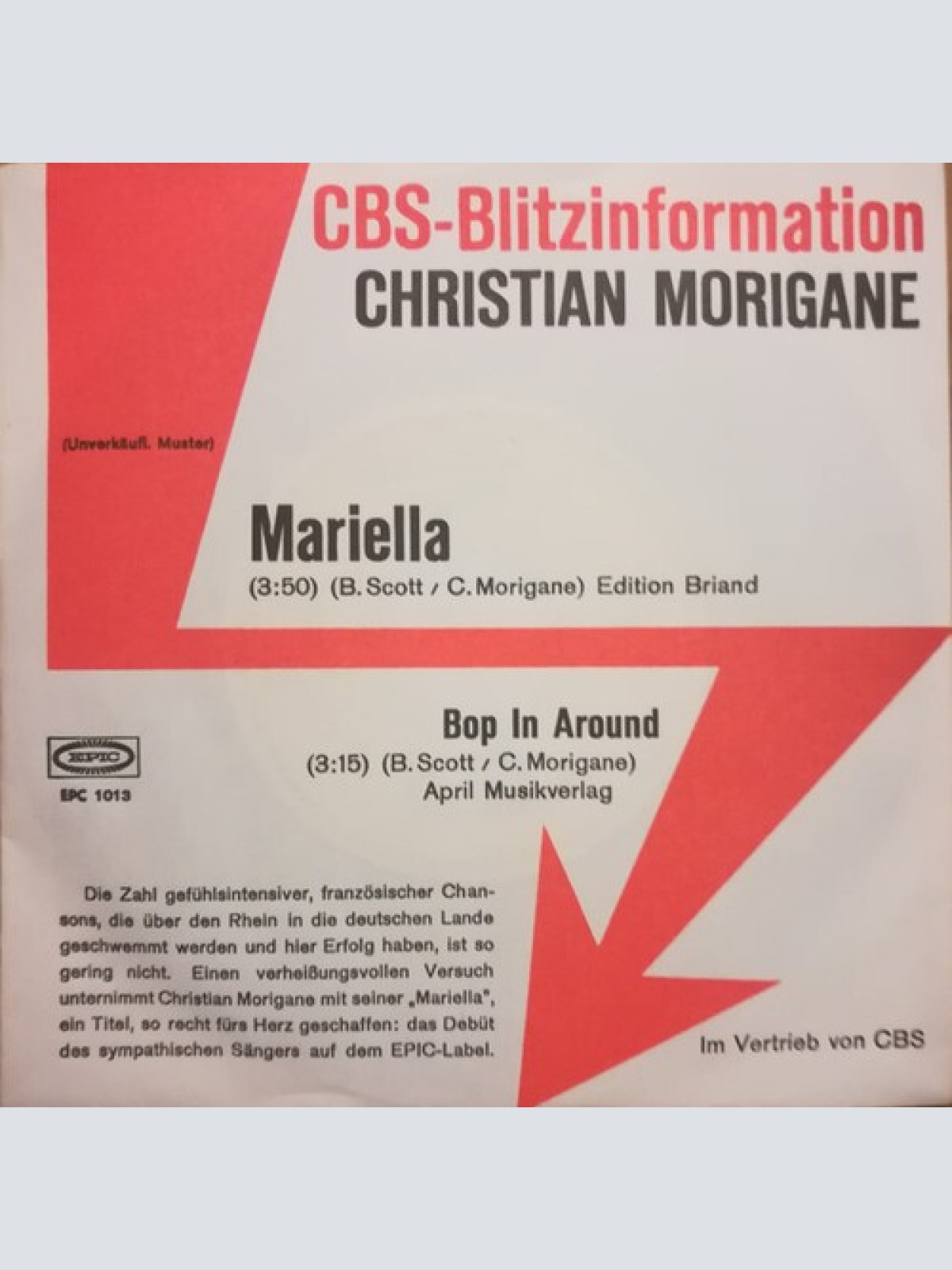 7", Single, Promo Christian Morigann - Mariella / Bop In Around