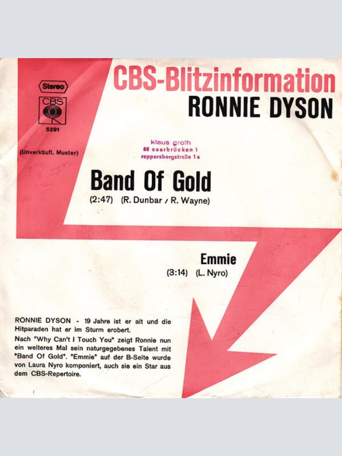 7", Single, Promo Ronnie Dyson - Band Of Gold