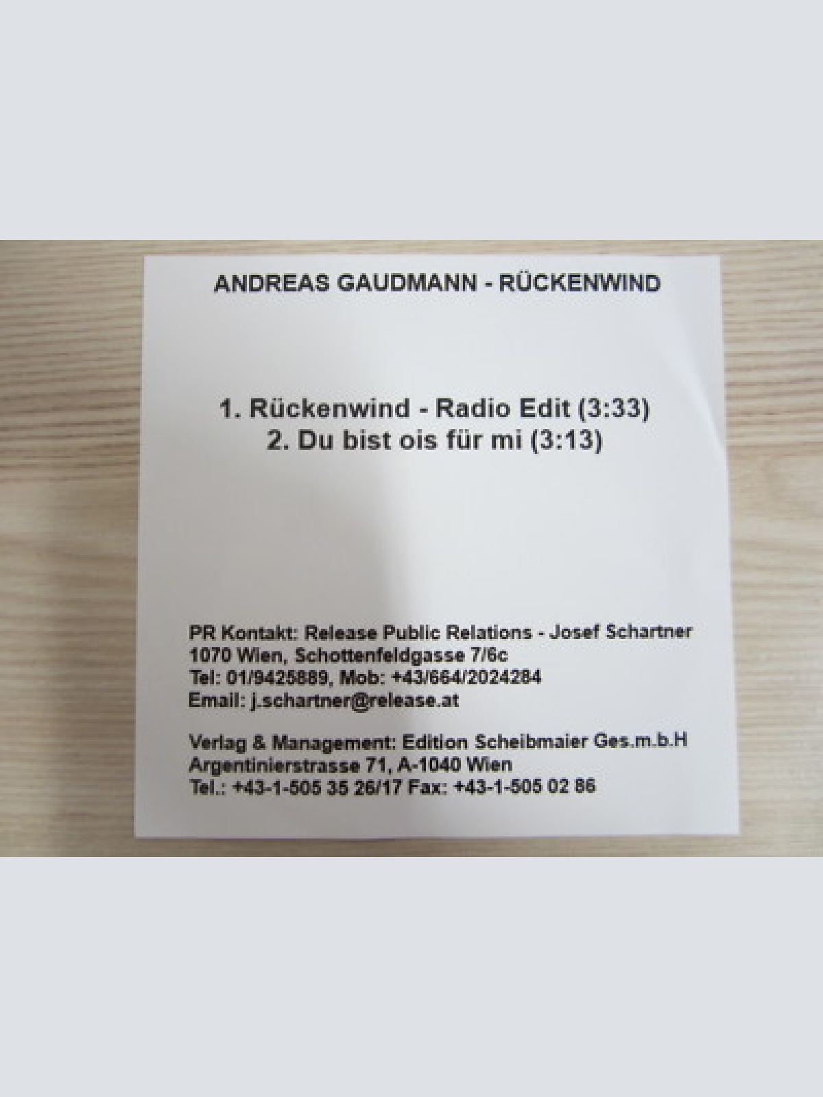 CD / ANDREAS GAUDMANN - RÜCKENWIND- PREISER REC.  / PROMO / MUSTER / AUSTRIA /