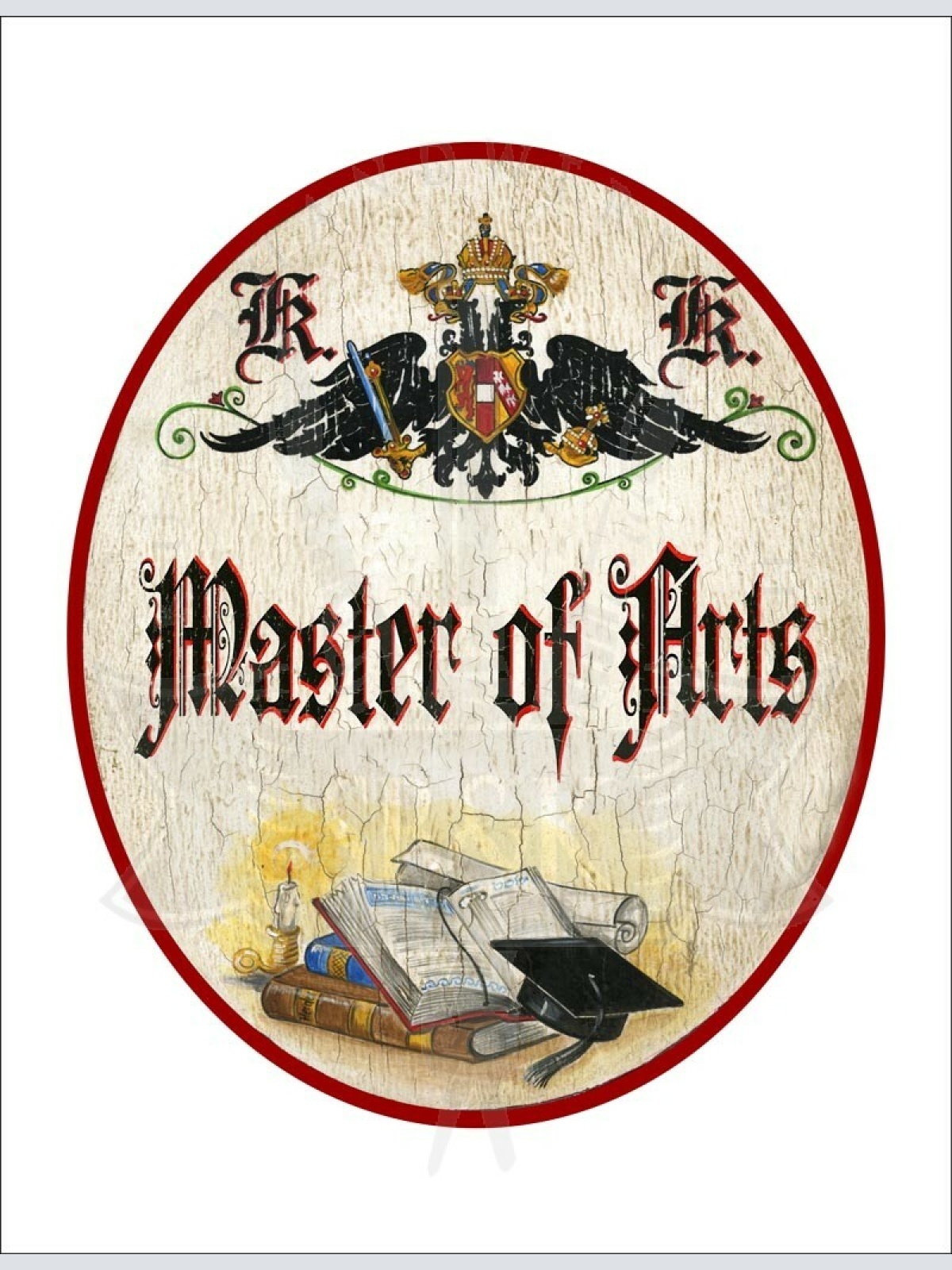 KuK Nostalgie Holzschild - Master of Arts - Bücher Studentenhut TH