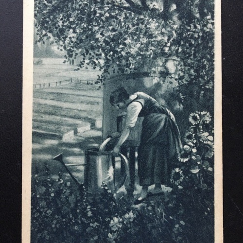 Frau mit Gießkanne - Garten Baum Sonnenblumen - Künstlerkarte 400227 TH