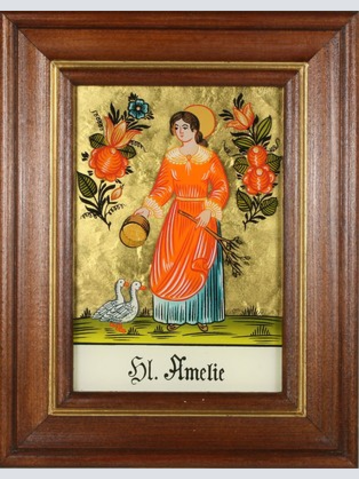 Hinterglaswerkstätten - Hinterglasbild/Patronatsbild Hl. Amelie mit braun
