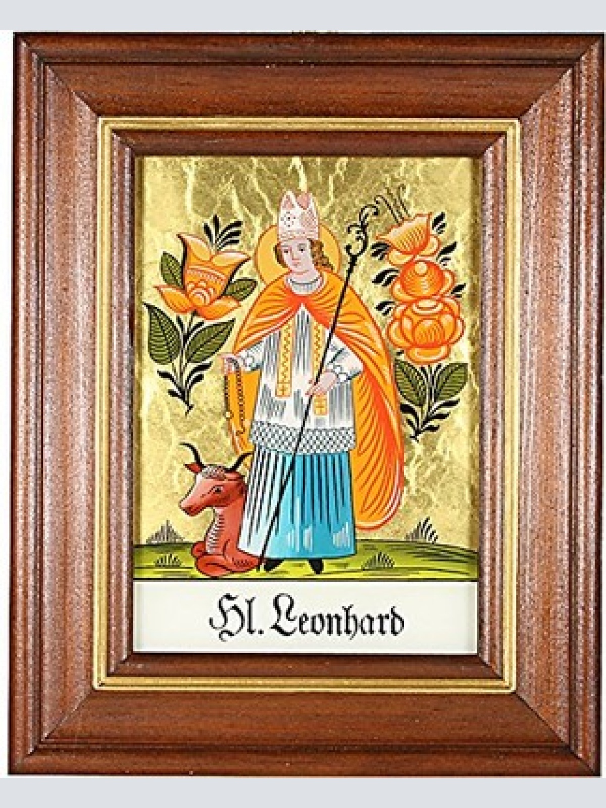 Hinterglaswerkstätten - Hinterglasbild/Patronatsbild Hl. Leonhard mit braun