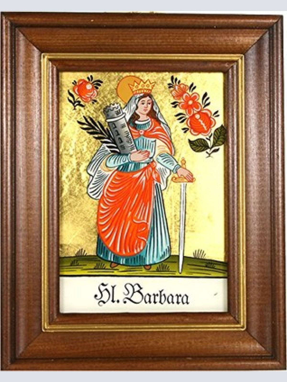 Hinterglaswerkstätten - Hinterglasbild/Patronatsbild Hl. Barbara Turm mit braun